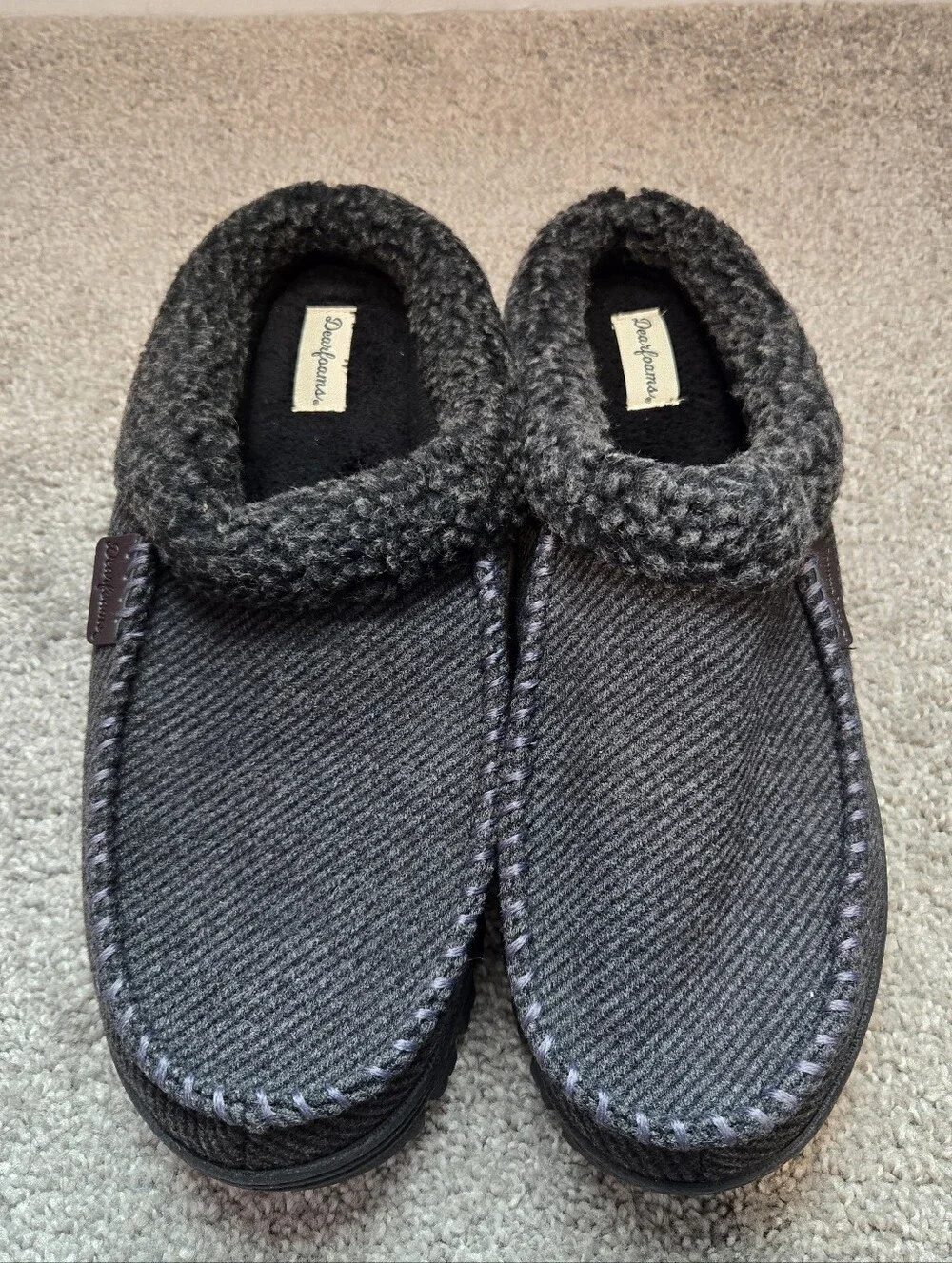 Dearfoams Men’s Charcoal Knit-Trim Slip-On Slippers- Large